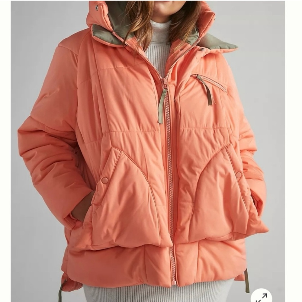 Anthropologie Avec Les Filles Papaya and Taupe Color-Blocked Puffer Jacket